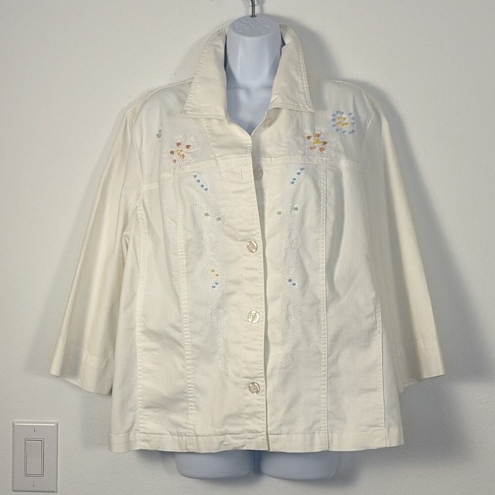 Koret White Embroidered Floral Button Front Lightweight 3/4 Sleeve Jacket XL